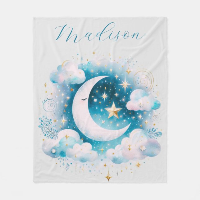 Couverture Polaire Croissant de Lune Céleste Bleu et Blanc Bohème Mod (Devant)