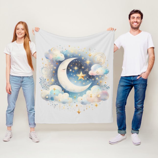 Couverture Polaire Croissant de Lune Céleste Bleu et Blanc Bohème Mod (En situation)