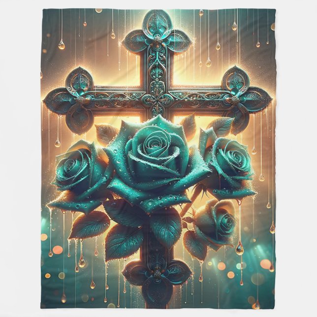 Couverture Polaire "Croix Rose bleue et chrétienne" (Devant)