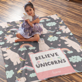 Couverture Polaire Croyez en Unicorns Bleu et Rose fille Motif enfant