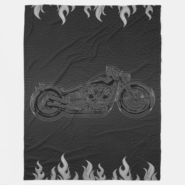 Couverture Polaire Cuir noir flammes d'argent feu chaud moto (Devant)
