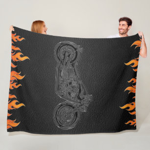 Couverture Polaire Cuir noir flammes orange feu chaud moto