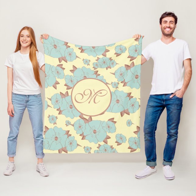 Couverture Polaire Cuivre Pale Turquoise Floral sur Pastel jaune (En situation)