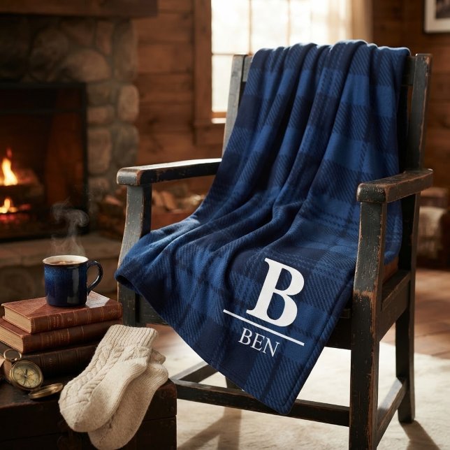 Couverture Polaire Custom Monogram Initial & Name Blue Buffalo Plaid  (Créateur téléchargé)