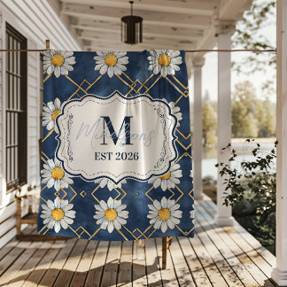 Couverture Polaire Custom Navy Daisy Gingham Monogram Decor