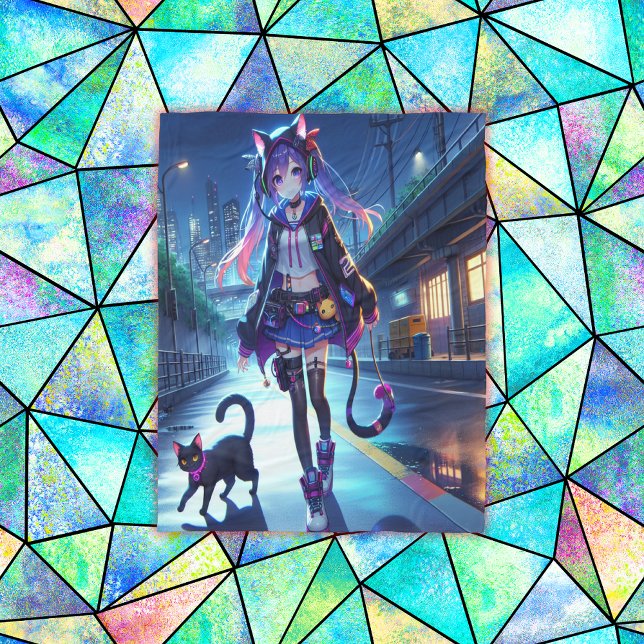 Couverture Polaire Cute Anime Gamer Girl & Cat | Grand (Créateur téléchargé)