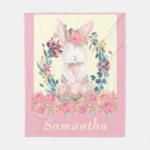 Couverture Polaire Cute Aquarelle Bunny Pink Creme Floral