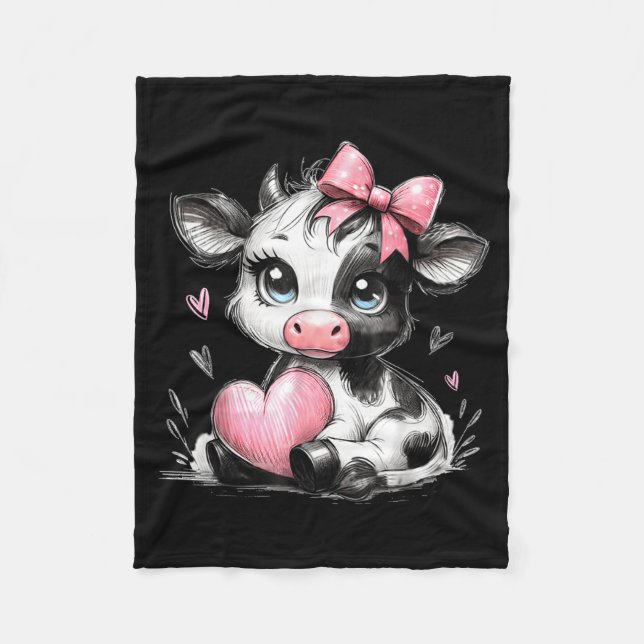 Couverture Polaire Cute Baby Cow With Nk Coquette Bow Holding Heart  (Devant)