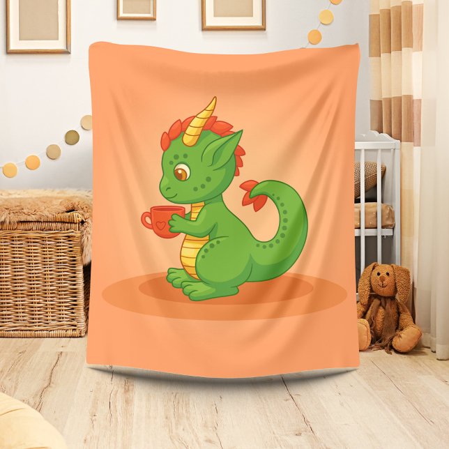 Couverture Polaire Cute Baby Dragon Holding Cup on Orange (Créateur téléchargé)