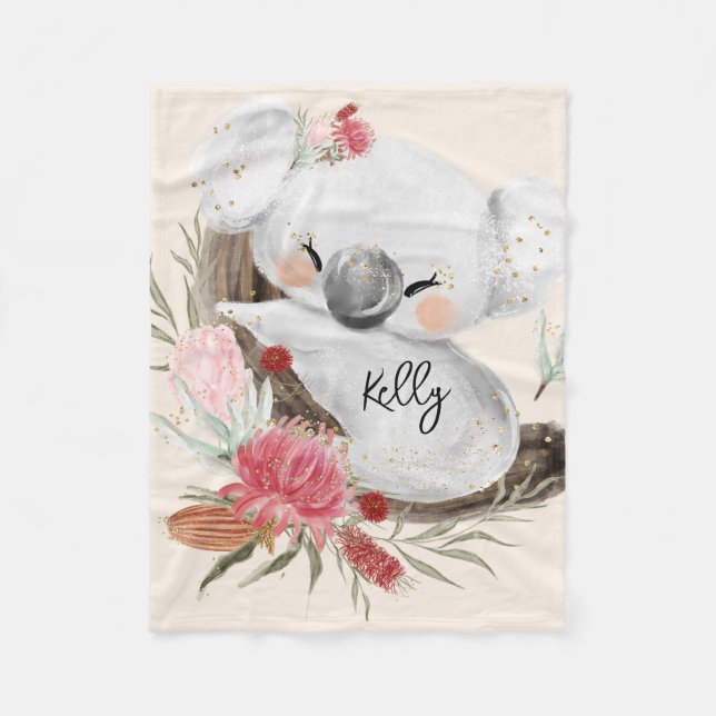 Couverture Polaire Cute Baby Koala Gold Speckle Nom personnalisé (Devant)