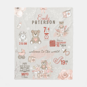 Couverture Polaire Cute Bear Baby Girl Birth Stats Saumon Grey