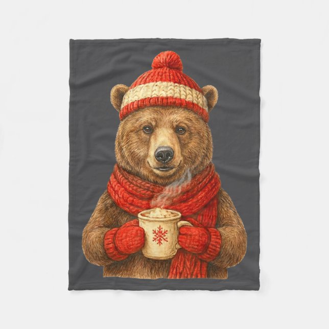 Couverture Polaire Cute Bear With Santa Hat Coffee Lover Funny Winter (Devant)
