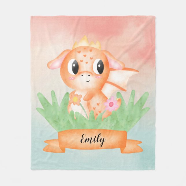 Couverture Polaire Cute Bébé Dragon Aquarelle Toison Blanche (Devant)