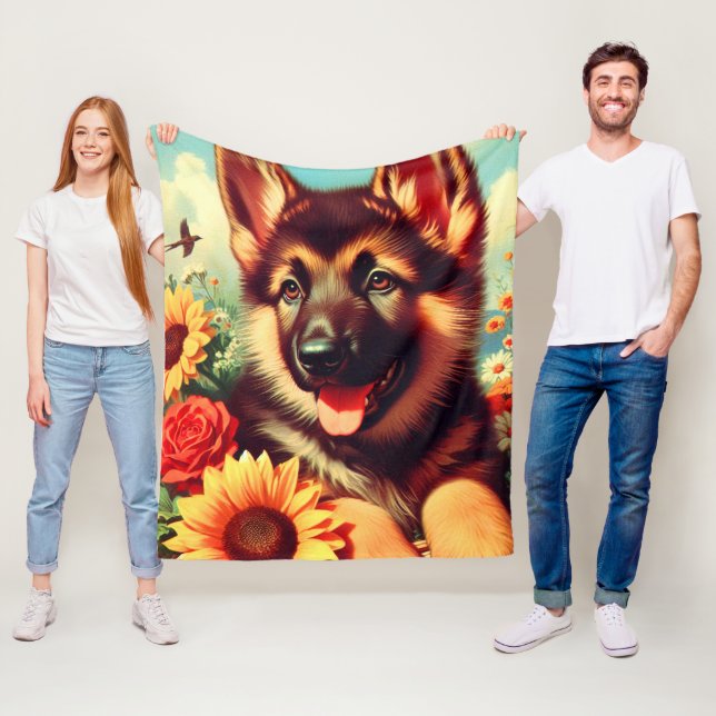 Couverture Polaire Cute berger allemand Peinture de chiot (En situation)