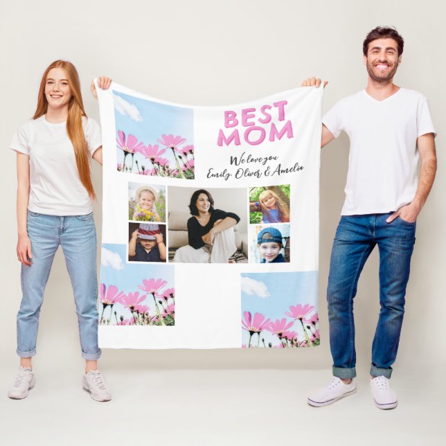 Couverture Polaire Cute Best Mom Pink Flowers 5 Photo Collage (En situation)