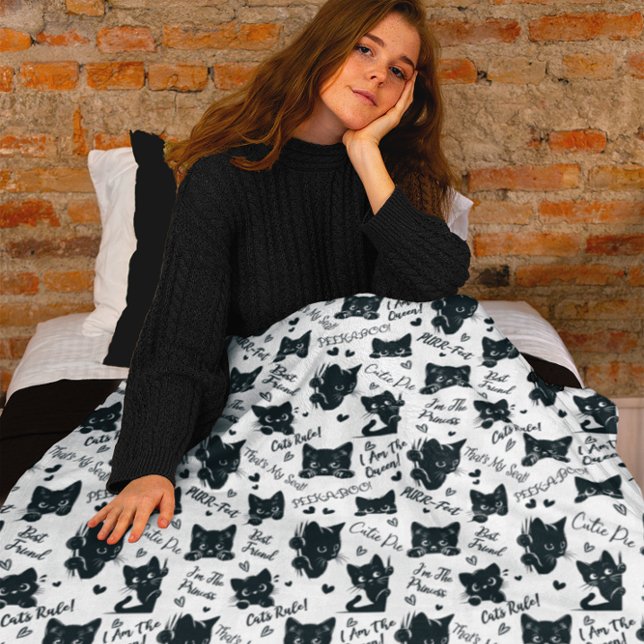 Couverture Polaire Cute Black Cats et Motif des paroles (Cute Black Cats and Sayings | Hearts Pattern Wrapping Paper for Cat Lovers |Halloween Fleece Blanket)