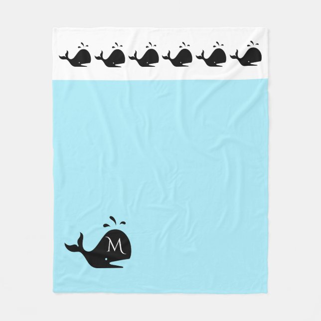 Couverture Polaire Cute blanche et bleue Custom Initial Baleine noire (Devant)