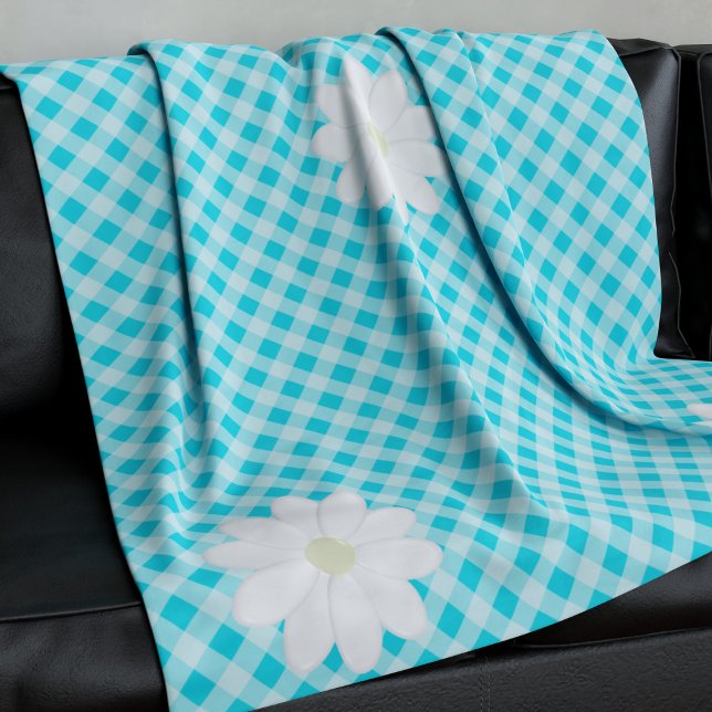 Couverture Polaire Cute Bleu En vichy Vérifier Maisy Toison Blanche (A pretty blue gingham check fleece blanket with cute daisy flowers at the corners. )