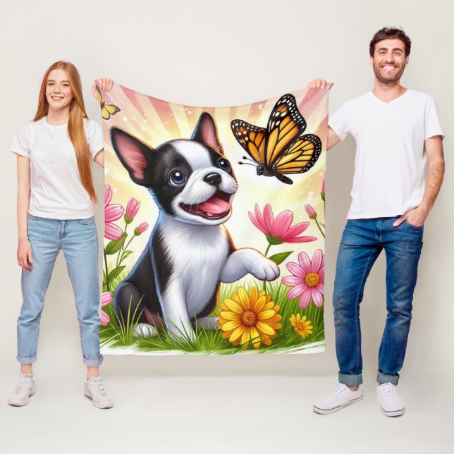 Couverture Polaire Cute Boston Terrier Chiot Jouant Avec Papillon (En situation)