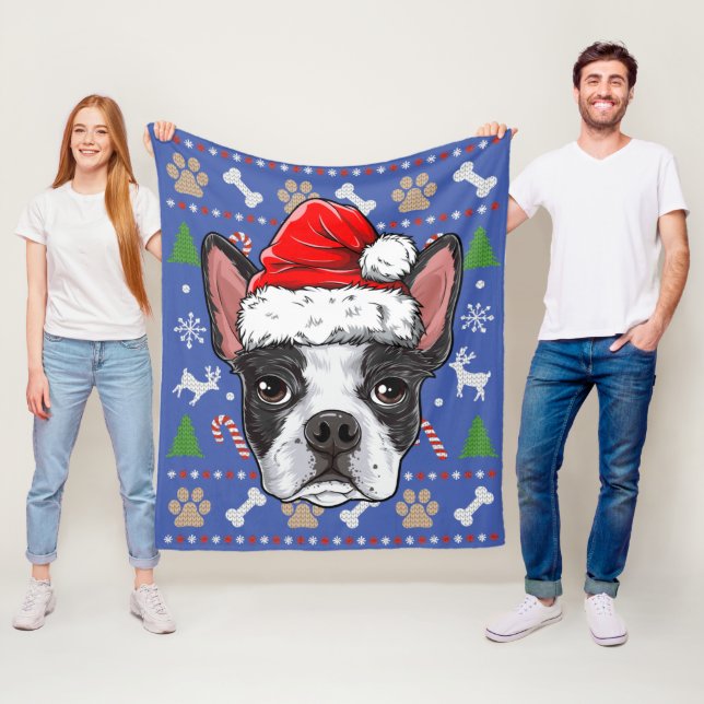 Couverture Polaire Cute Boston Terrier Ugly Christmas Sweater Santa (En situation)
