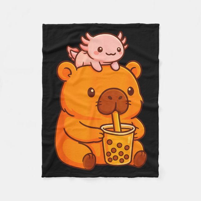 Couverture Polaire Cute Capybara Drinking Bubble Tea And Axolotl Kawa (Devant)