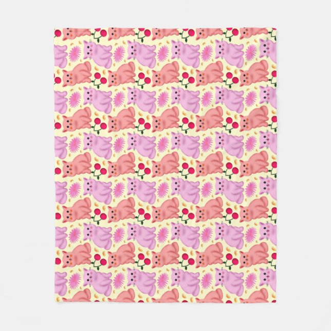 Couverture Polaire Cute Cat Cherry Floral Pattern | Kawaii Kitty  (Devant)