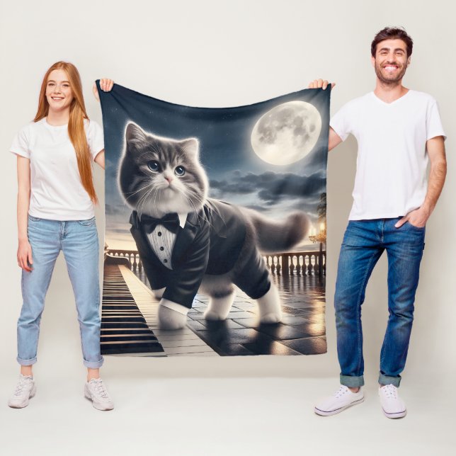 Couverture Polaire Cute Cat Pawdigy joue une sonate au clair de lune (En situation)