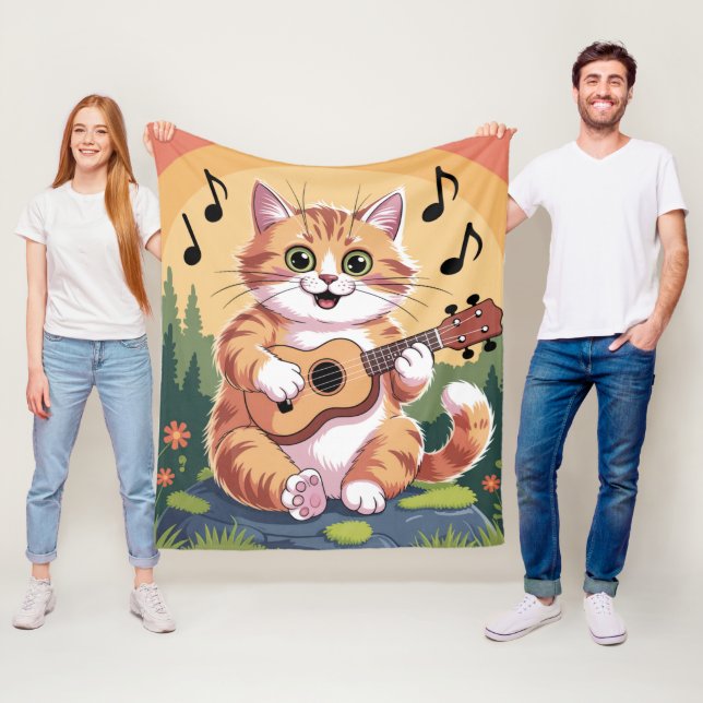 Couverture Polaire Cute Cat Playing Ukuele (En situation)