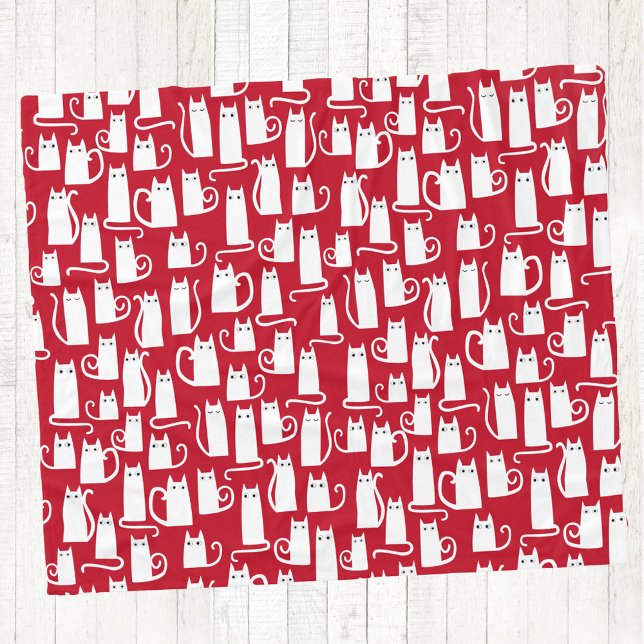 Couverture Polaire Cute Chat Rouge et Blanc Festif (White cats on red. Fun pattern cozy fleece blanket, ideal for Christmas and the winter holidays)