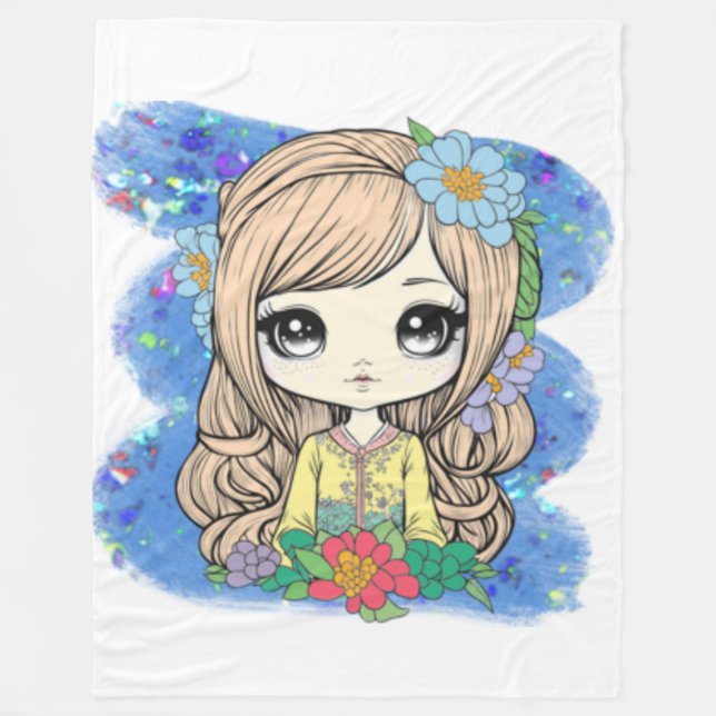 Couverture Polaire Cute Chibi Girl Avec Aquarelle Bleue & Parties sci (Devant)