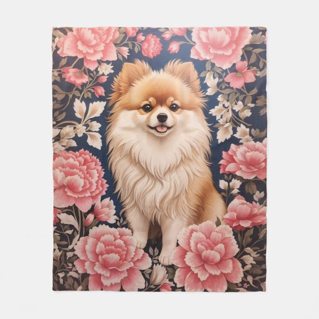 Couverture Polaire Cute Chien Poméranien Rose Floral (Devant)