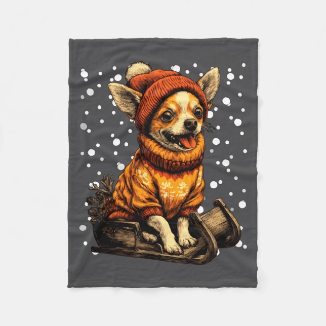 Couverture Polaire Cute Christmas Chihuahua Sledding In Snow Funny Wi (Devant)