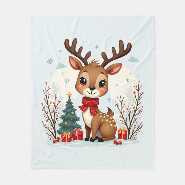 Couverture Polaire Cute Christmas Reindeer Scene Snowy Forest (Devant)