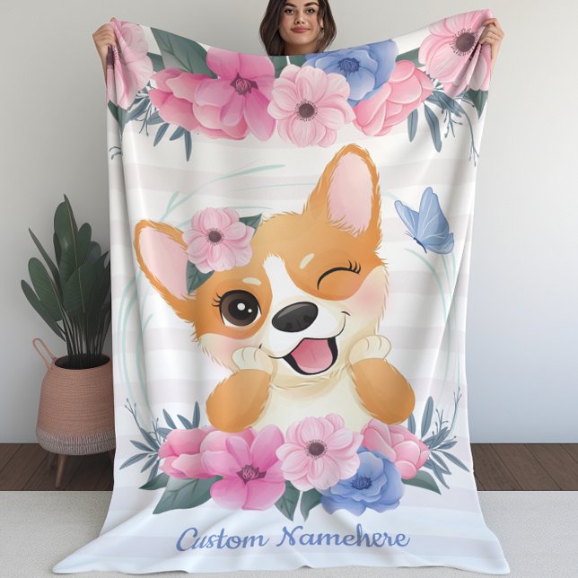 Couverture Polaire Cute Corgi Fleur de Chien Wreath Bleu Papillon Per (Cute Corgi Dog Flower Wreath Blue Butterfly Custom Fleece Blanket (L))