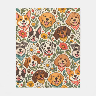 Couverture Polaire Cute Dogs and Colorful Floral Pattern