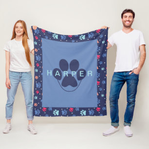 Couverture Polaire Cute Empreintes de pattes Personnalisé Blue Fleece