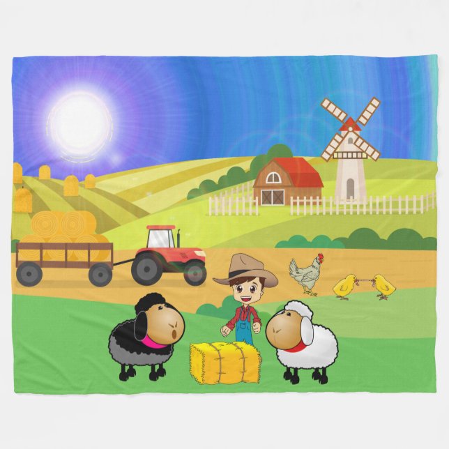 Couverture Polaire Cute ferme, moutons et poussins (Devant (Horizontal))
