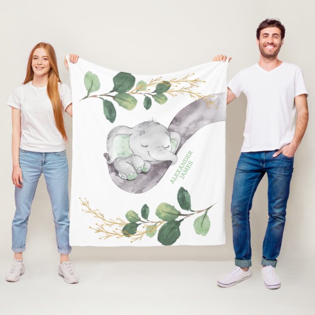 Couverture Polaire Cute Greenery Gold Baby Elephant Boy Nursery (En situation)