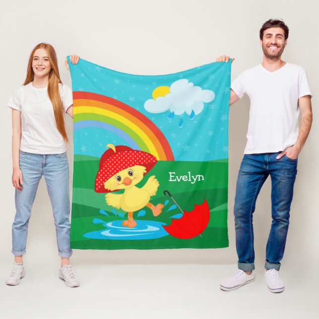 Couverture Polaire Cute Happy Duck en pluie avec arc-en-ciel (En situation)