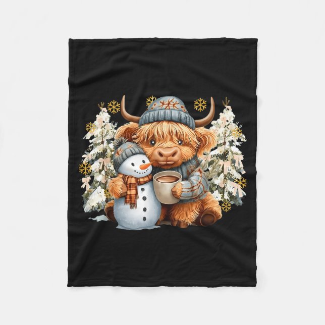 Couverture Polaire Cute Highland Cow With Snowman Hot Cocoa Christmas (Devant)