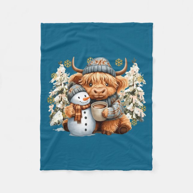 Couverture Polaire Cute Highland Cow With Snowman Hot Cocoa Christmas (Devant)