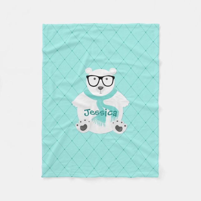 Couverture Polaire Cute Hipster Polar Bear Turquoise Faux Quilt Nom (Devant)