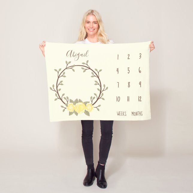 Couverture Polaire Cute Jaune Floral Wreath Baby Milestone (En situation)