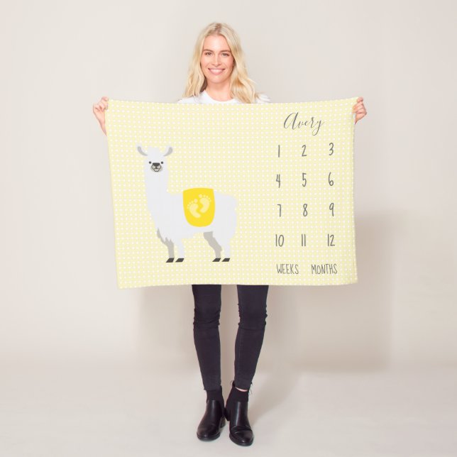 Couverture Polaire Cute jaune Llama Polka Dot Baby Milestone (En situation)