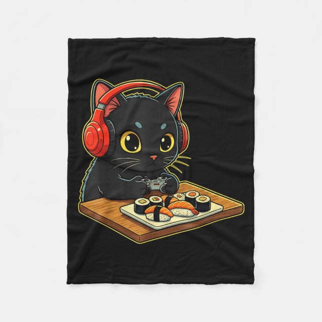 Couverture Polaire Cute Kawaii Black Cat Funny Sushi Retro Japanese C (Devant)