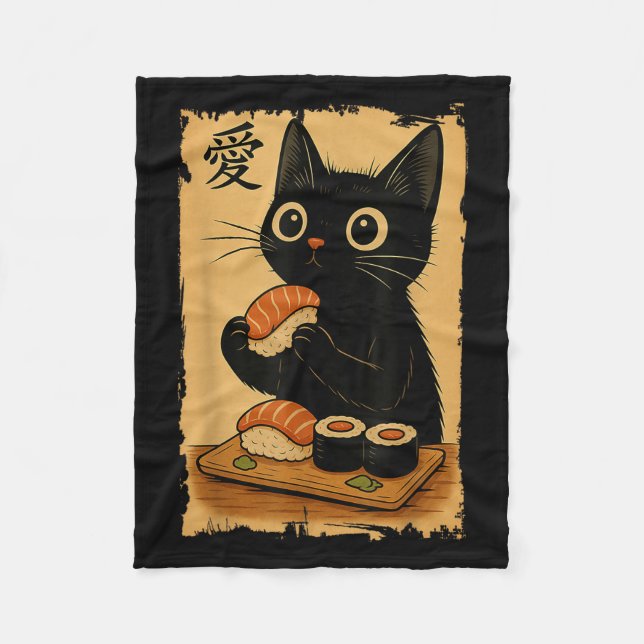 Couverture Polaire Cute Kawaii Chat Noir Manger Sushi Drôle Japonais (Devant)