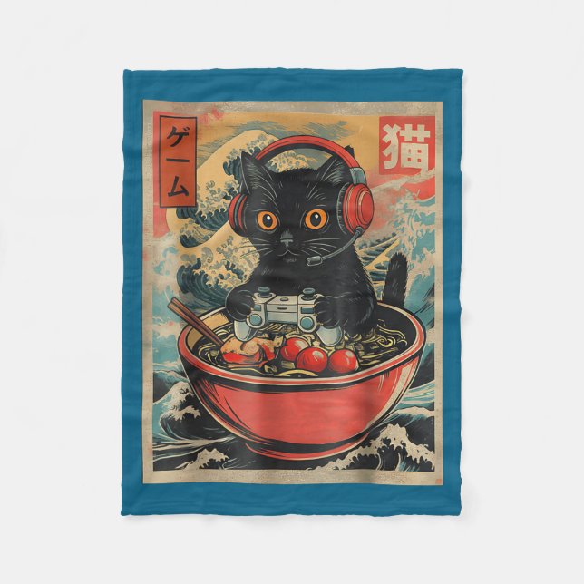 Couverture Polaire Cute Kawaii Gamer Cat Funny Ramen Retro Japanese C (Devant)