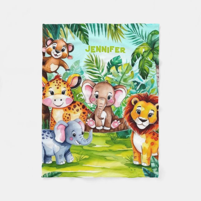 Couverture Polaire Cute Kids Safari Jungle Animaux Nom Personnalisé (Devant)