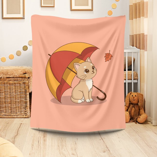Couverture Polaire Cute Kitten Cat Red Yellow Umbrella Fall Pink (Créateur téléchargé)