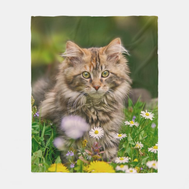 Couverture Polaire Cute Maine Coon Kitten Chat dans Flower Meadow - c (Devant)